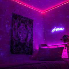 Galaxy projection in a room with neon wall lights