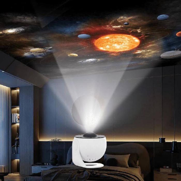 Planetarium projector on a bedroom floor, the solar system projected on the ceiling