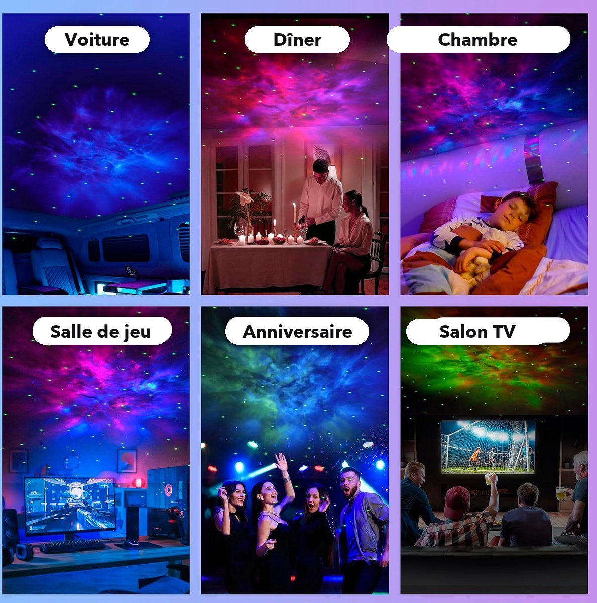 The projector used in a gaming room, a bedroom and at a party