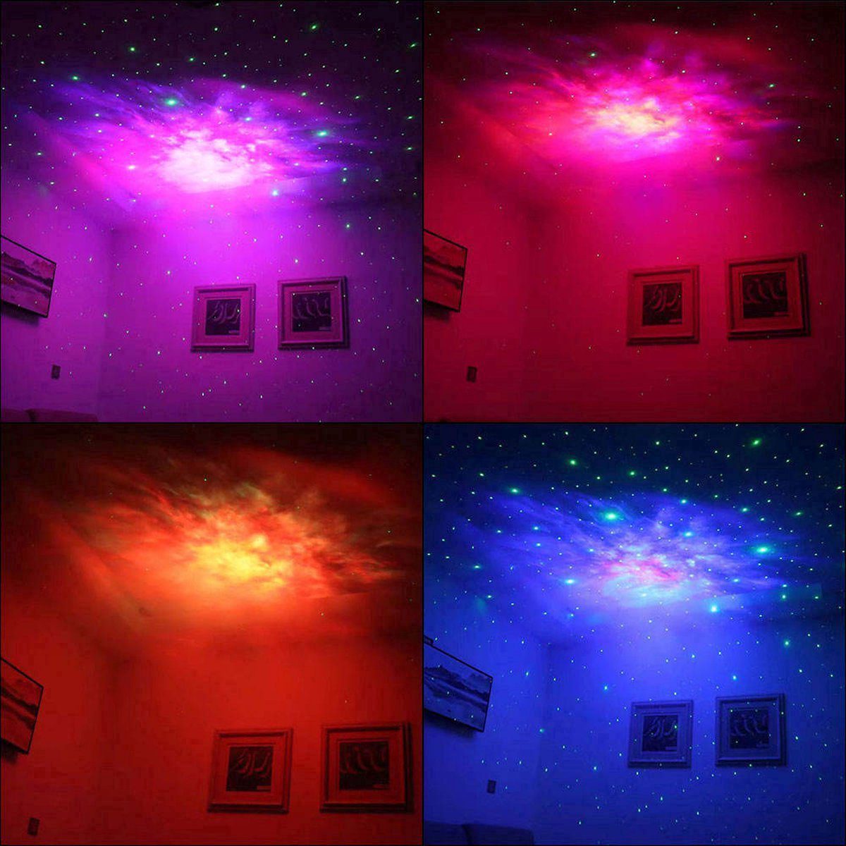 Northern lights projected across a bedroom